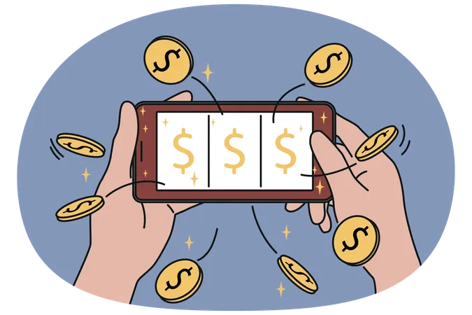 Telefone com cassino online nas mãos de homem enquanto ganha jackpot e prêmio em dinheiro no site com máquina caça-níqueis  Ilustração