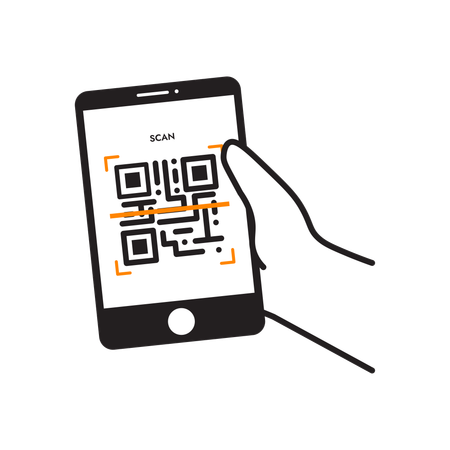 Mão segurando o telefone com QR  Ilustração