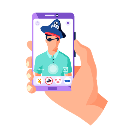 Mano que sostiene el teléfono con filtros para la interfaz de pantalla de selfie, marco de fotos con divertida máscara de pirata  Ilustración