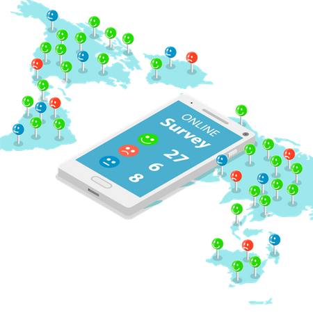 El teléfono inteligente con los resultados de una encuesta se encuentra en el mapa con continentes  Ilustración