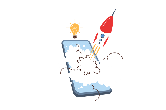 Teléfono móvil con metáfora del lanzamiento de cohetes para una nueva startup con aplicación para usuarios de teléfonos inteligentes  Ilustración