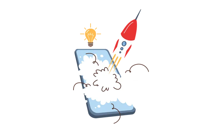 Teléfono móvil con metáfora del lanzamiento de cohetes para una nueva startup con aplicación para usuarios de teléfonos inteligentes  Ilustración