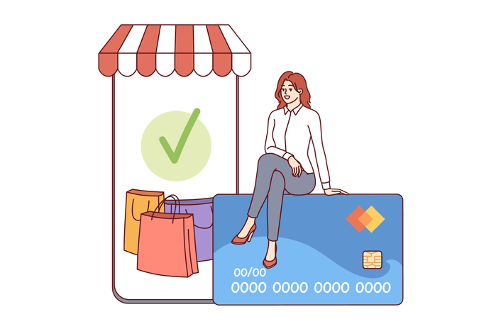 Teléfono para compras móviles y compradora sentada con tarjeta de crédito para pagar compras en línea  Ilustración