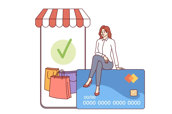 Teléfono para compras móviles y compradora sentada con tarjeta de crédito para pagar compras en línea  Ilustración