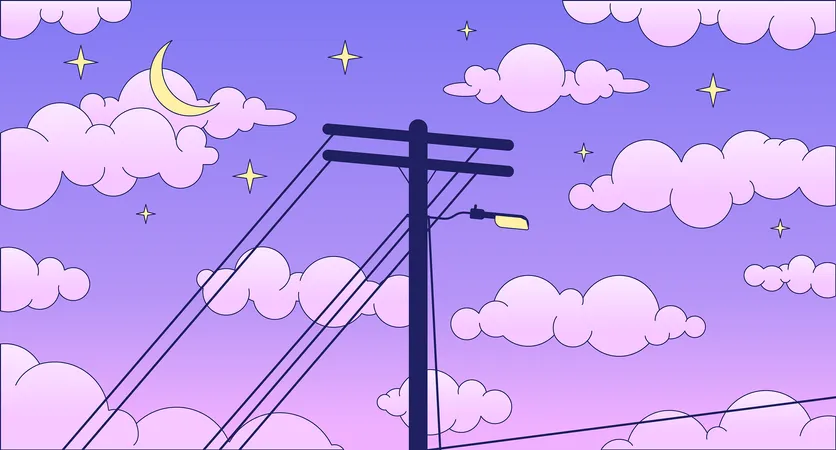 Telephone pole on dreamy night sky lo fi chill wallpaper  Illustration