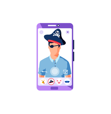 Téléphone portable avec filtres pour application d'interface d'écran selfie avec un homme drôle avec un masque de pirate  Illustration