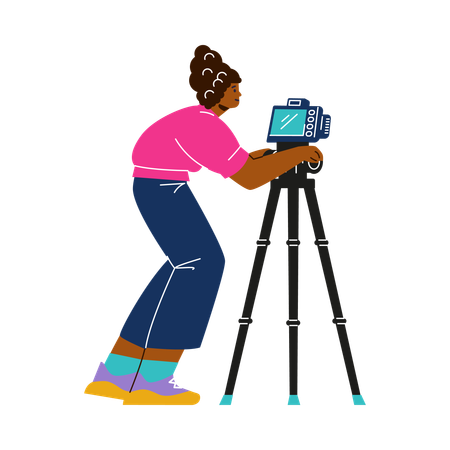 Television video operator looking through camera on tripod  Illustration