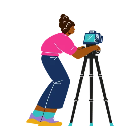 Television video operator looking through camera on tripod  Illustration