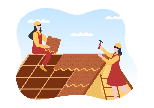 Trabalhadores da construção civil ajustando o telhado da casa  Ilustração