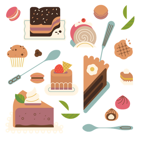 Panadería temática con diversos dulces, tartas y postres.  Ilustración