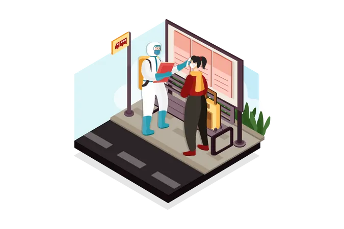Temperature check at bus stand Illustration
