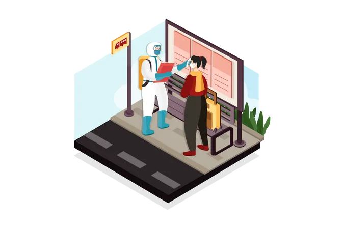 Temperature check at bus stand  Illustration