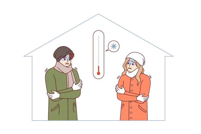 Température froide dans un immeuble résidentiel avec un couple tremblant  Illustration