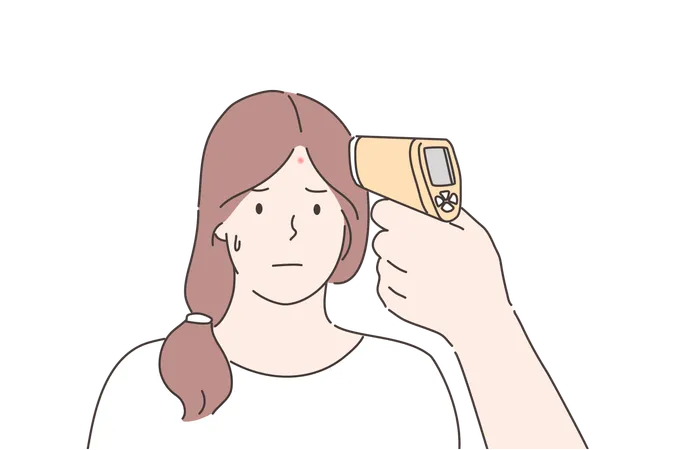 Temperature Measurement Medicine Concept Young Woman Or Girl Cartoon Character Measured Heat By Medical Non Contact Infrared Thermometer Gun Handheld Forehead Modern Medicine Reading Procedure イラスト