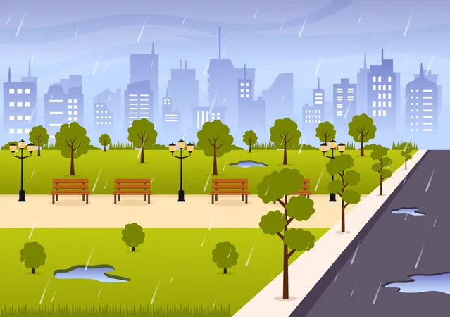 Tempestade de chuva no parque da cidade  Ilustração