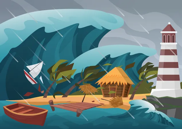 Tempestade marítima movendo-se em direção à terra  Ilustração