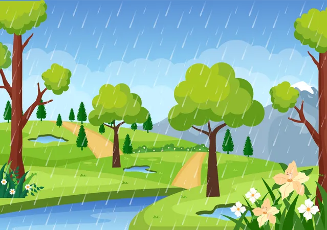Tempestade de chuva na floresta  Ilustração