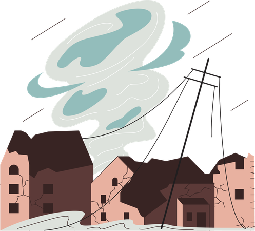 Tempête tordue et maisons détruites  Illustration