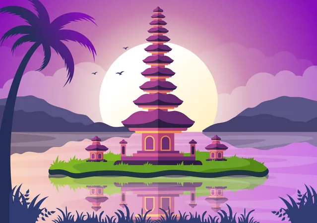 Feliz Dia De Nyepi O El Silencio De Bali Ante Las Ceremonias Hindues En El Fondo Del Templo O Ilustracion Pura Adecuada Para Carteles Ilustración