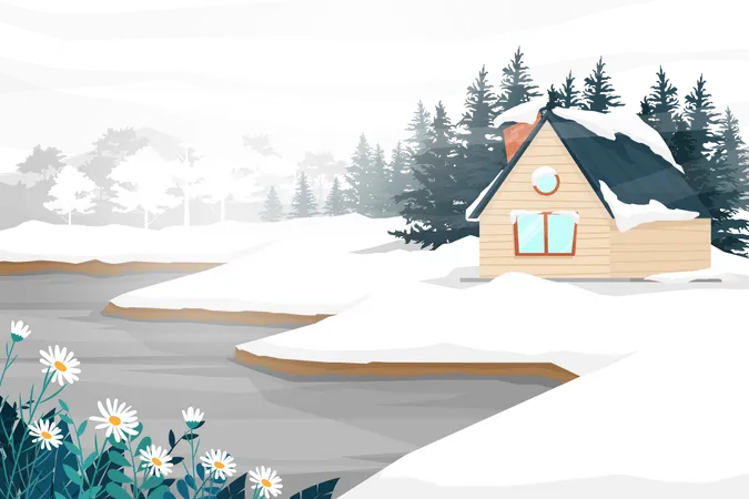 Melhor Cena Com Paisagem Natural De Casa E Arvore Florestal De Inverno Coberta De Neve Ate Branco Ilustracao Vetorial De Natureza Rural Ilustração