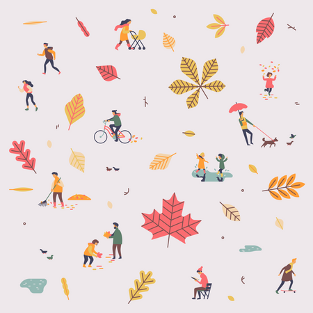 Temporada de outono ou outono com folhas caindo e as pessoas aproveitam seu tempo ao ar livre  Ilustração