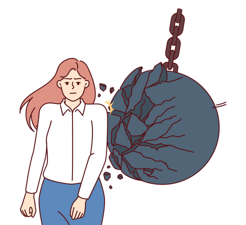 Tenacious businesswoman achieves success without paying attention to giant iron ball hitting back  Illustration