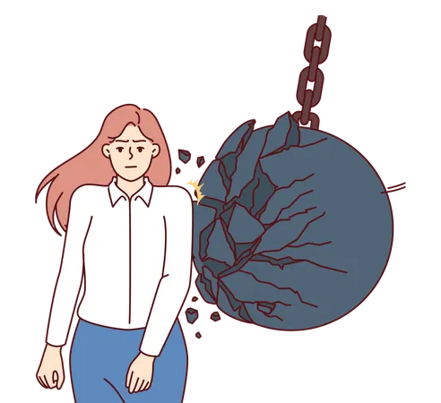 Tenacious businesswoman achieves success without paying attention to giant iron ball hitting back  イラスト