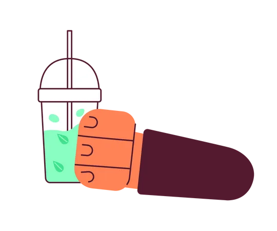 Tenir une tasse de thé vert avec de la paille semi-plate vecteur coloré première vue main  Illustration
