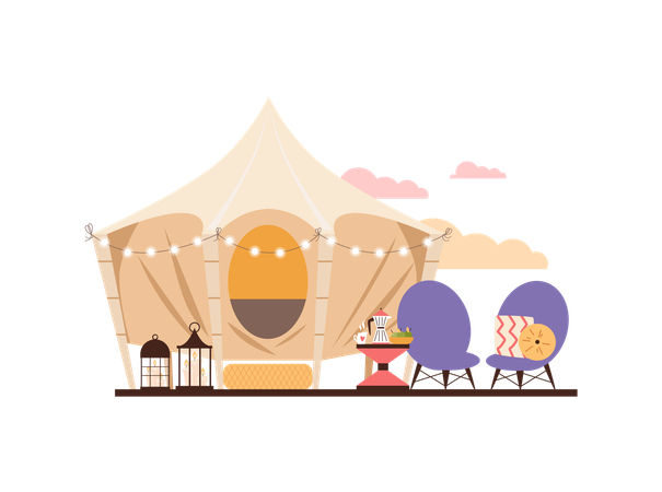 Tenda confortável para glamping com mobiliário  Ilustração