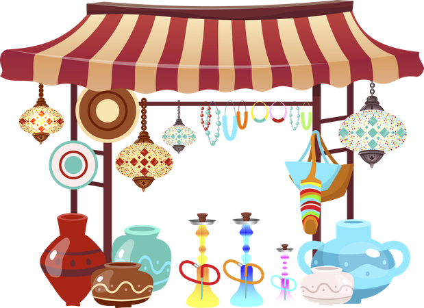 Tenda do mercado oriental com lembranças artesanais  Ilustração