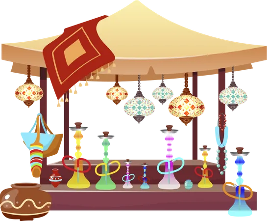 Tenda do mercado oriental com narguilé  Ilustração