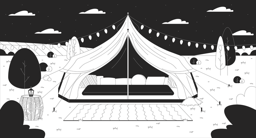 Tenda de glamping céu noturno estrelado  Ilustração