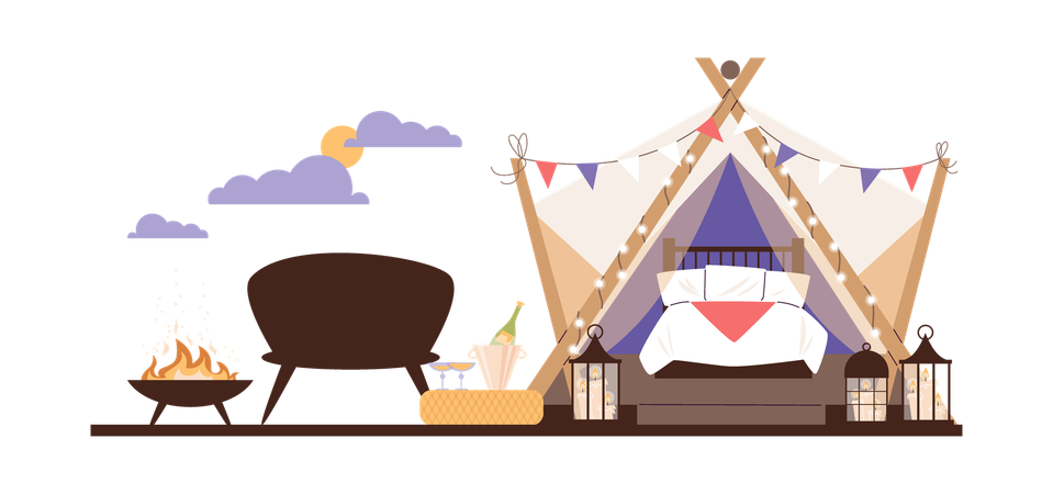 Tenda glamping pronta para acomodação de turistas  Ilustração
