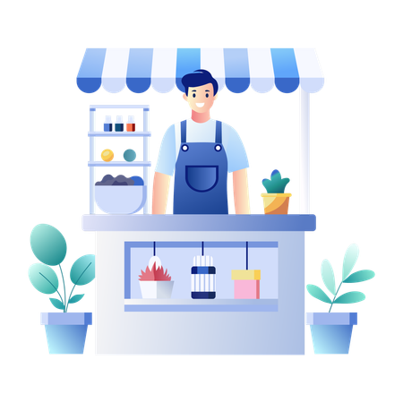 Tendero de pie en un puesto de comida  Ilustración
