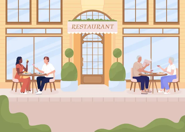 Jantando aconchegante no terraço do restaurante  Ilustração