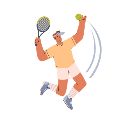 Homem tenista pulando bate na bola com uma raquete  Ilustração