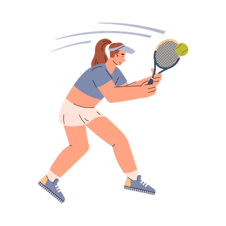 Mujer tenista golpeando la pelota con una raqueta  Ilustración