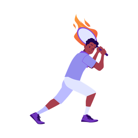 Tennis player black man getting ready to hit the ball with burning racket  Illustration