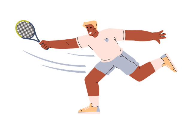 Tennis player dark skinned man a hurry to catch and hit the ball with a racket  Illustration