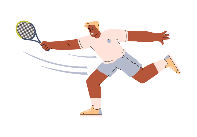 Tennis player dark skinned man a hurry to catch and hit the ball with a racket  Illustration