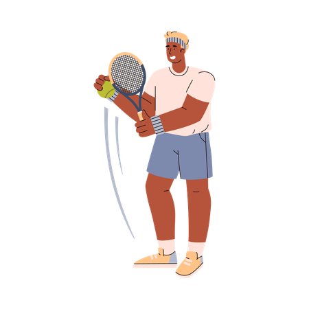 Tennis player dark skinned man holds the ball his hand and wants to throw with a racquet  일러스트레이션
