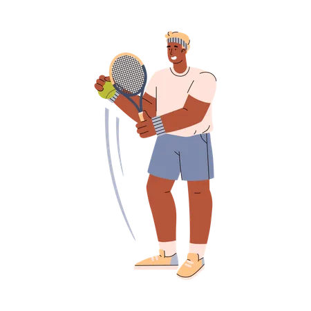 Tennis player dark skinned man holds the ball his hand and wants to throw with a racquet  일러스트레이션