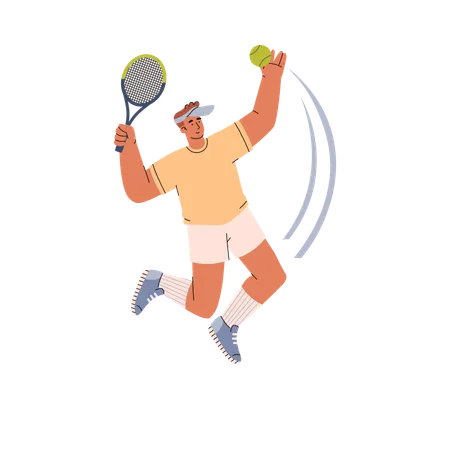 Tennis Player Man In Yellow Sportswear Jumping Hits The Ball With A Racket Vector Illustration In Doodle Disproportionate Characters Isolated Sport Concept Illustration