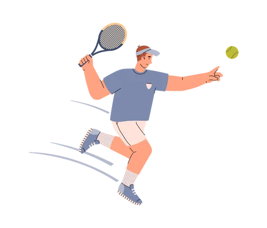 Tennis Player Man In Blue Sportswear With Racket Hits The Ball Vector Illustration In Doodle Disproportionate Characters Isolated Sport Concept Illustration