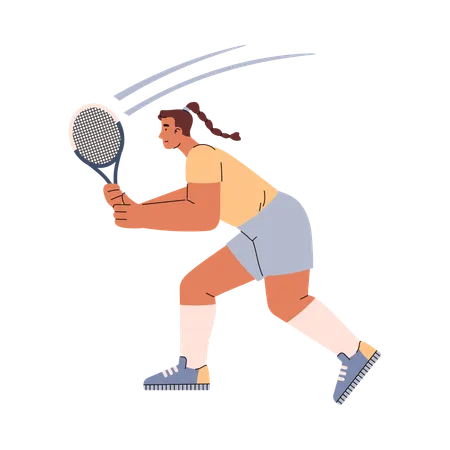 Tennis player woman with a pigtail prepared to hit the ball with a racket  Illustration