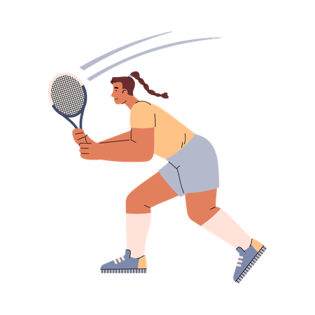 Tennis player woman with a pigtail prepared to hit the ball with a racket  Illustration