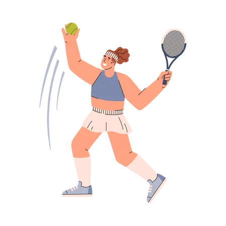 Tennis Player Young Woman In Sports Uniform Serves The Ball From The Top Serve With A Racket Vector Illustration In Doodle Disproportionate Characters Isolated Workout Playing Tennis Illustration