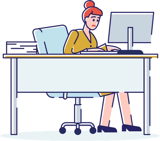 Concept Of Work Deadlines Working Process In The Office With Female Working On The Computer Woman Is Working Very Hard To Follow Deadlines Cartoon Linear Outline Flat Style Vector Illustration Illustration
