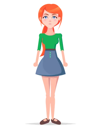 Tense Young Woman Illustration Beautiful Redhead Girl In Blouse And Skirt With Serious Face Expression And Clenched Fists Standing Straight Isolated Flat Vector Emotional Female Cartoon Character Illustration