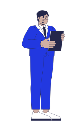 Tensed male tv show host holding clipboard  Illustration